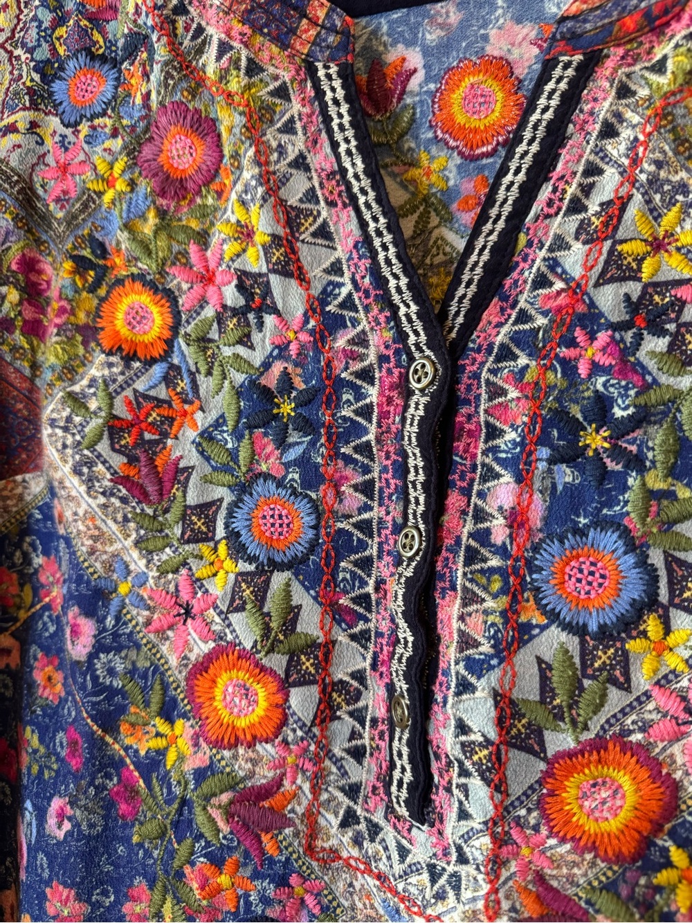 John Mark Embroidered Boho Floral Patchwork 3/4 Sleeve Blouse Tunic Top Size S - Picture 7 of 13